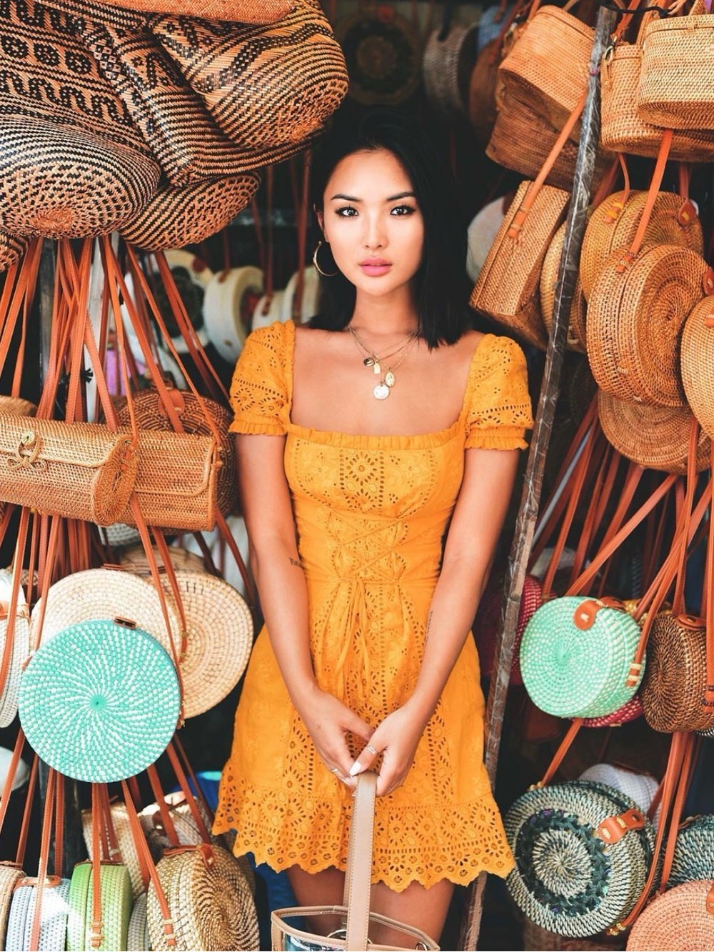 MAJORELLE Mustard Eyelet Mini Dress with Puff Sleeves